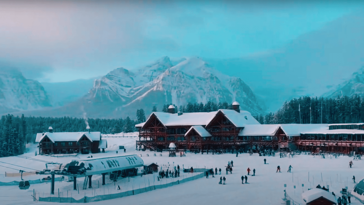 lake louise ski resort on a winter snowy day, looking at the lodge
