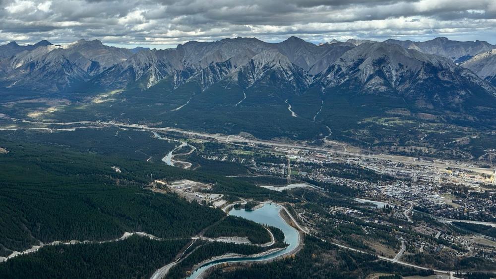 Canmore aerial from the top of Ha Ling.    