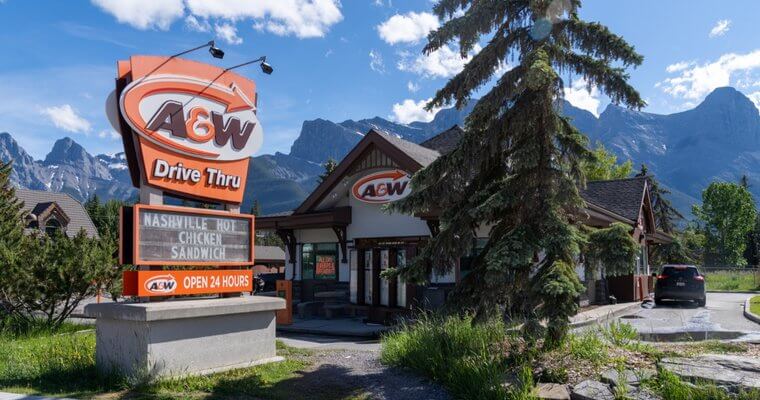 A&W Canmore, located at main intersection of Railway Ave and Bow Valley Trail.  Open 24 hours and easy drive thru, allows for you to get food now to get you on your way to your next adventure. 