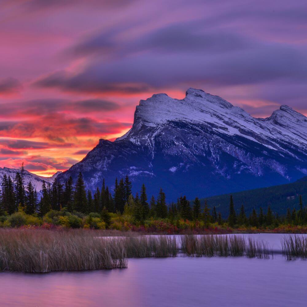 banff national park sunrise over vermillino lakes with mountain backdrop main  mobile 1x1 1000banner image 