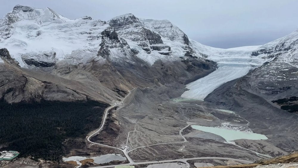 Columbia Icefields Picture looking west from top of trail on east side.   Cloudy day