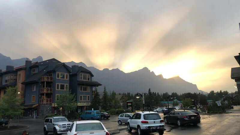 Sunset in shopping area of camore looking for Rundel Mountain Lights Beams of Wonder