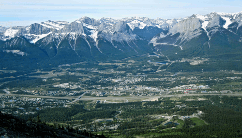 aerial pic of canmore alberta from top. of mountain
