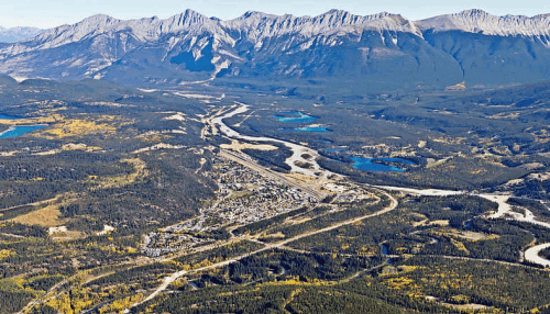 aerial shot from mountain top of jasper town
