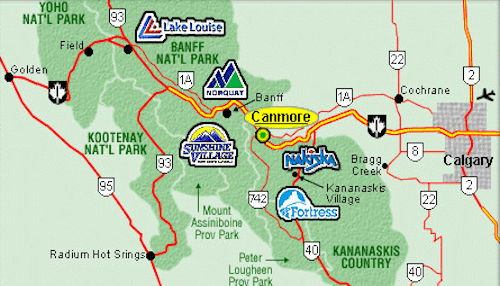 map of where kananaskis village is located in relation to calgary