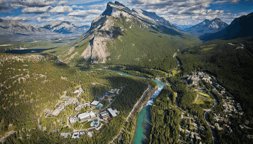 aerial shot from mountain top of lake louise